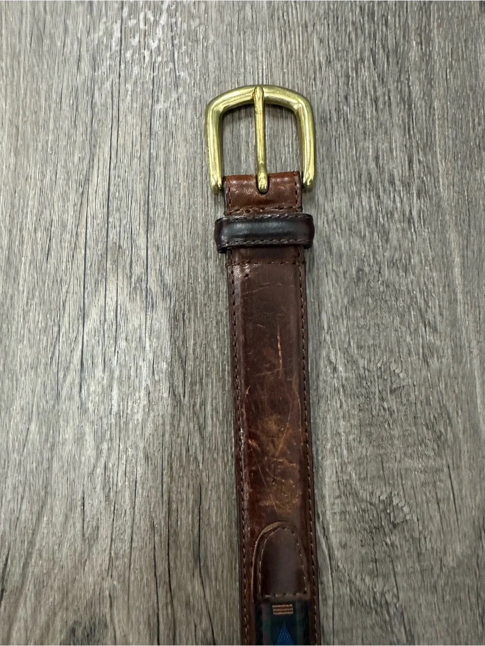 Vintage Woolrich Brown Leather Belt with Blue Geometric Inlay brass buckle